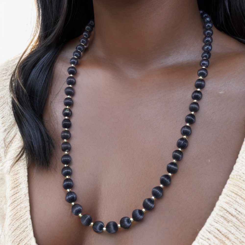 VINTAGE 🦋 1960s Long Indigo Dark Blue Silk Bead Necklace with Silver Details